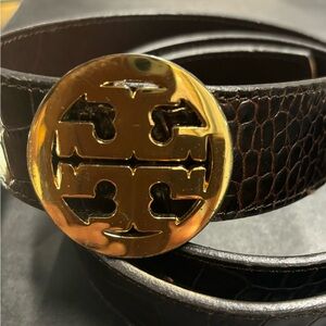 Tory Burch Brown Leather Belt with Gold Buckle